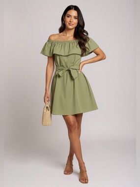 Olive Green Ruffle Off Shoulder with Self Sash Dress